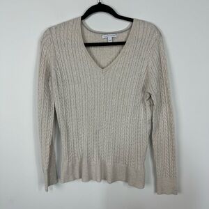 41 Hawthorn Cream Ivory Cable Knit V neck Long Sleeve Sweater Top Neutral Boho